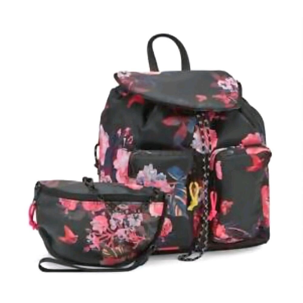Steve Madden Billy Black Floral 2-For-1 Backpack and Belt Bag Pack Detachable
